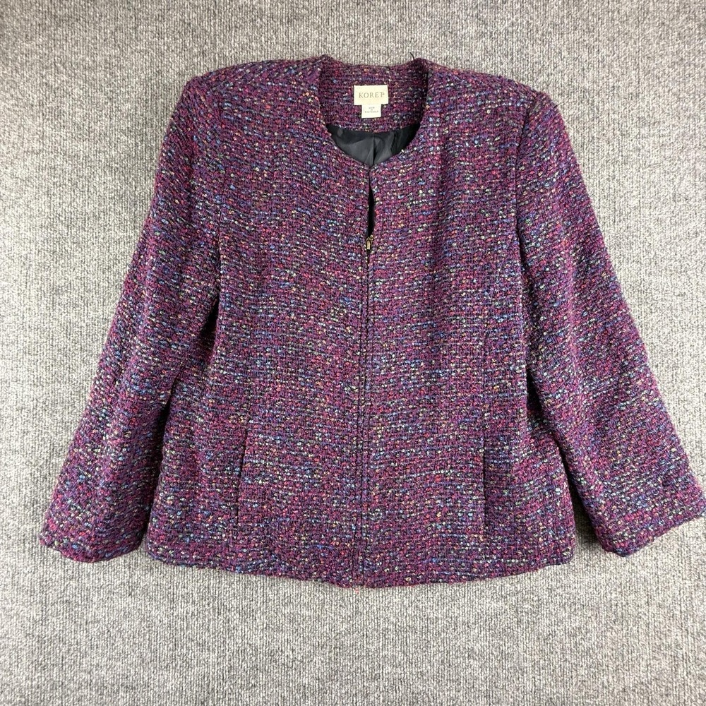 Koret Jacket Womens 14‎ Purple Tweed Collarless Full Zip Lined Pockets Short